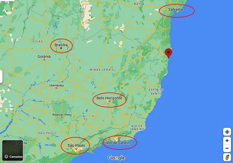 Como chegar em Trancoso - mapa da região Trancoso, na Bahia, Brasil.