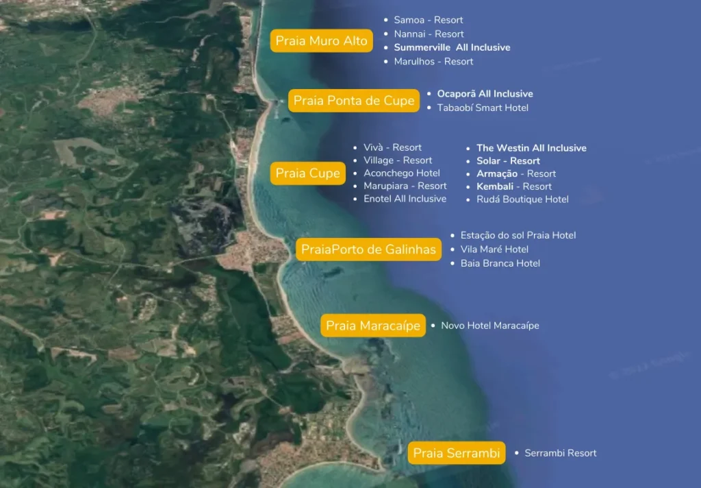 Como chegar em Porto de Galinhas - mapa de Porto de Galinhas, em Pernambuco.